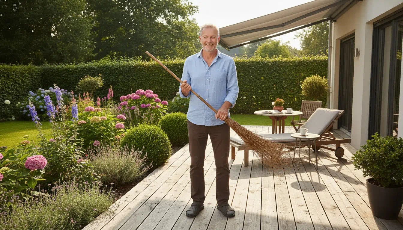 Ein Mann nutzt einen starken Bambusbesen um seine Terrasse zu säubern.