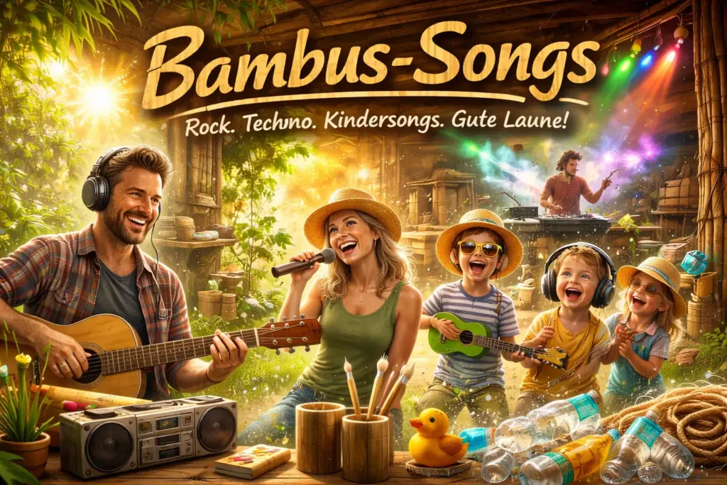 Fröhliche Szene in einer offenen Werkstatt: Erwachsene und Kinder machen Musik und tanzen zwischen Bambus-Material, Werkzeugen und Natur – bunte Lichter, warme Sonne und ein paar Plastikflaschen als Umwelt-Statement. Bambus Beats sorgen für gute Laune von Rock bis Techno.